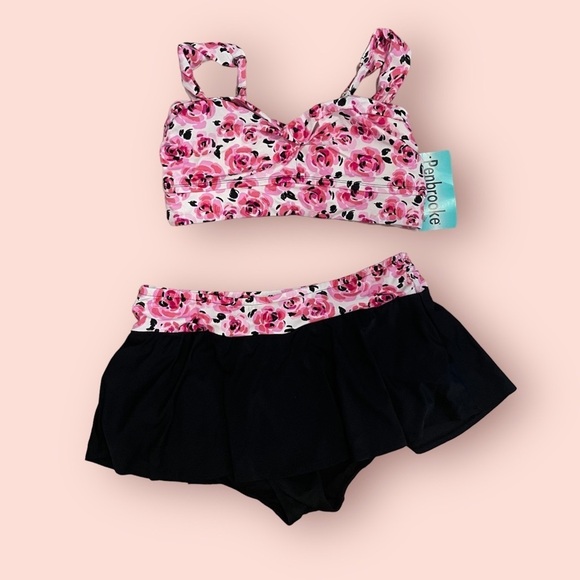 Penbrooke Other - NWT Penbrooke swimsuit two piece bikini pink and black skirted bottoms swimwear